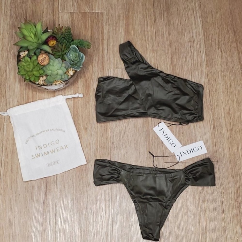 Indigo Swimwear Olivia Bikini One Shouder Top Cheeky Bottoms Olive Green M NEW